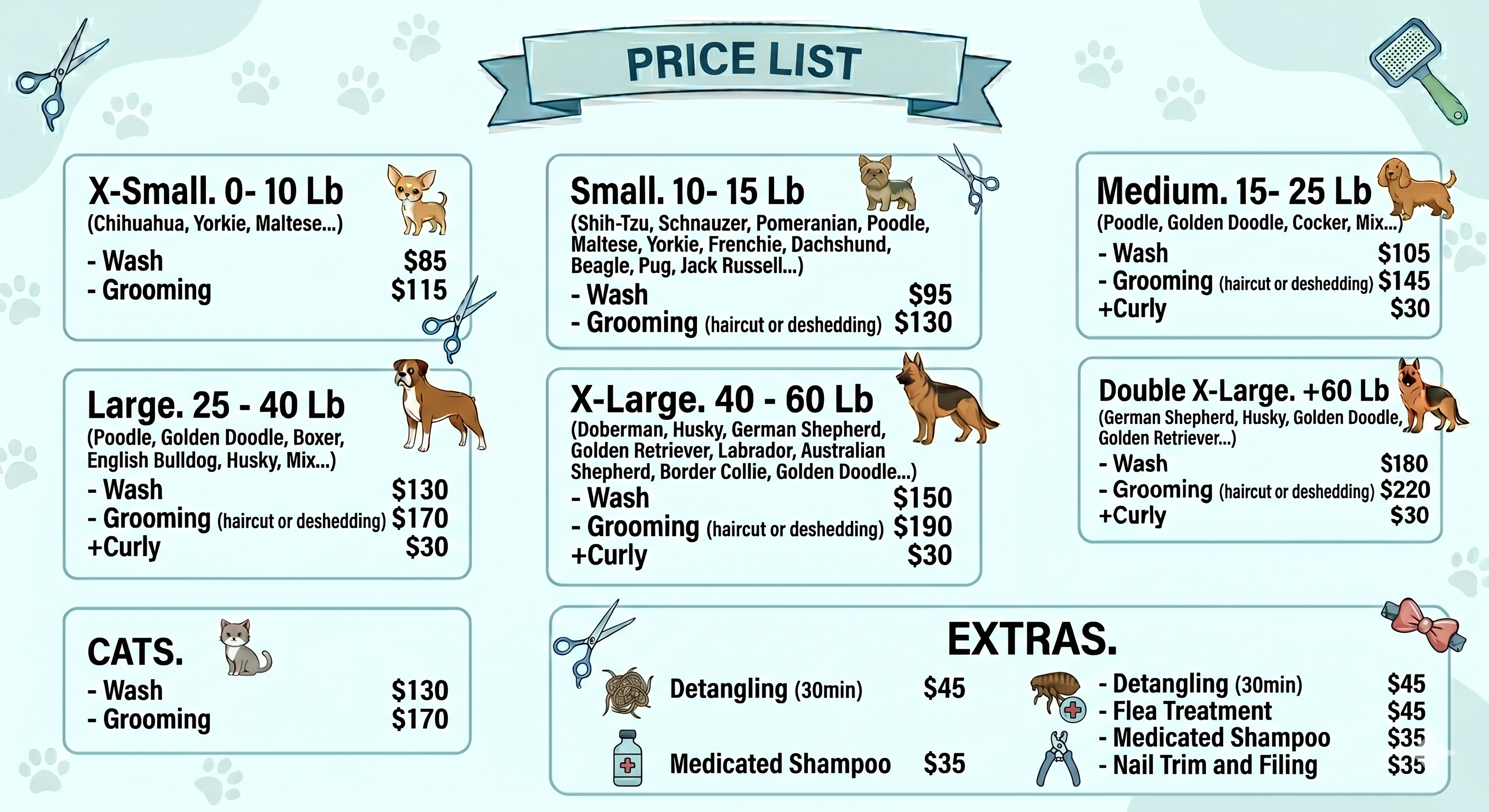 Full price list of Relax Pet Mobile Spa Grooming — English